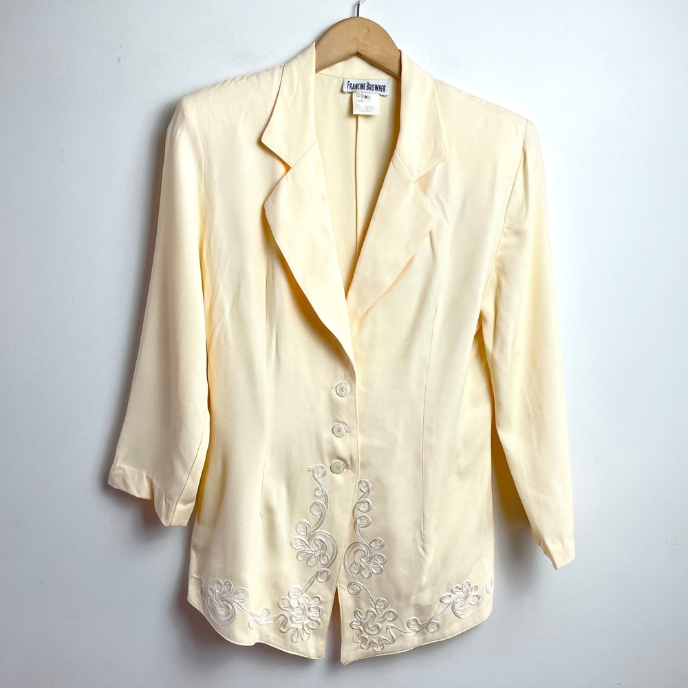 Vintage 80s 90s Butter Yellow Soutache Embroidered Blazer Jacket Sz Medium